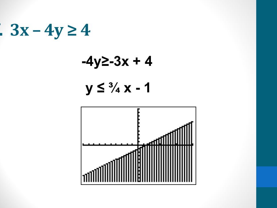 f. 3x – 4y ≥ 4 -4y≥-3x + 4 y ≤ ¾ x - 1