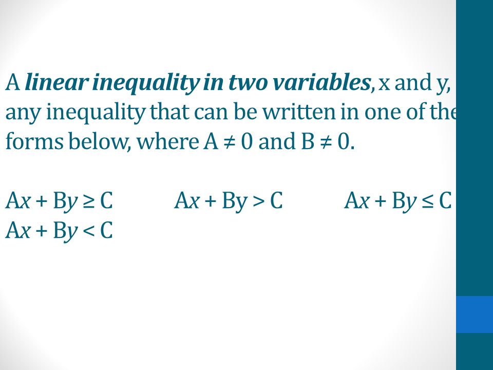 A linear inequality in two variables, x and y, is any inequality that can be written in one of the forms below, where A ≠ 0 and B ≠ 0.