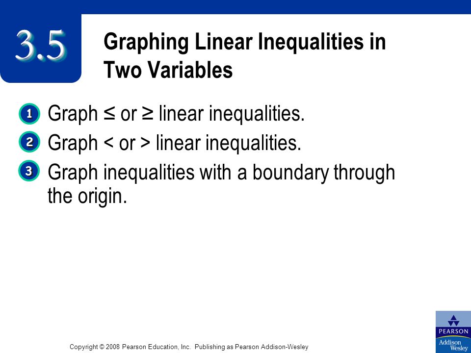 Graphing Linear Inequalities in Two Variables Graph ≤ or ≥ linear inequalities.