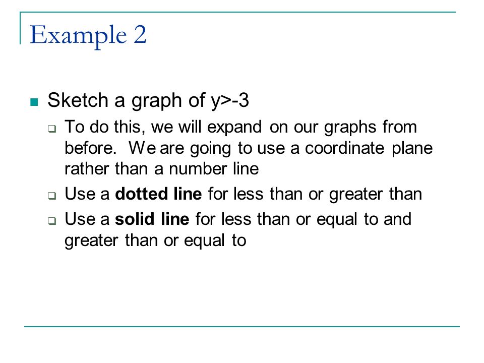 Example 2 Sketch a graph of y>-3  To do this, we will expand on our graphs from before.