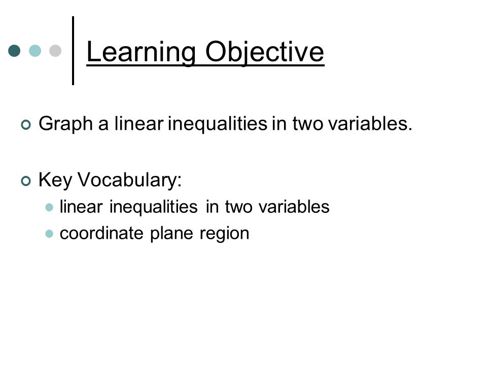 Learning Objective Graph a linear inequalities in two variables.
