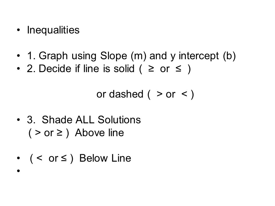 Inequalities 1. Graph using Slope (m) and y intercept (b) 2.