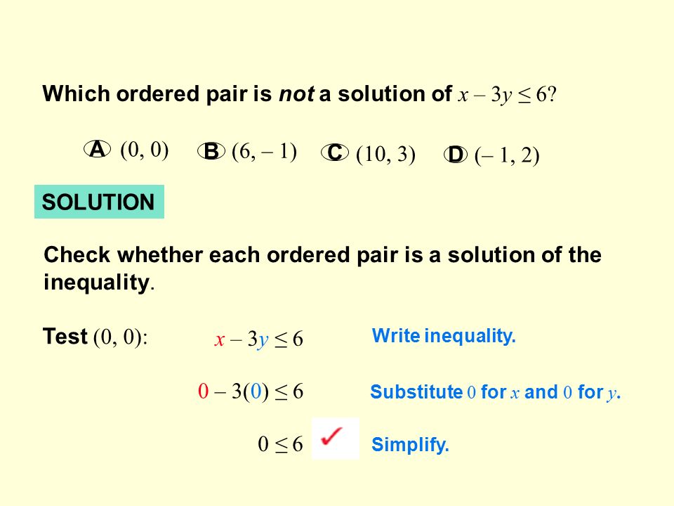 SOLUTION Which ordered pair is not a solution of x – 3y ≤ 6.