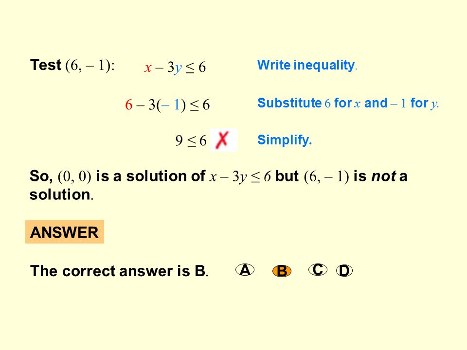 Test (6, – 1): x – 3y ≤ 6 6 – 3(– 1) ≤ 6 Substitute 6 for x and – 1 for y.