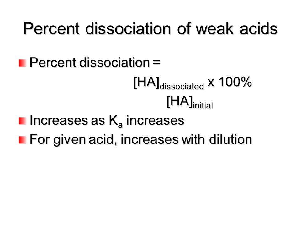 Percent dissociation of weak acids Percent dissociation = [HA] dissociated x 100% [HA] dissociated x 100% [HA] initial [HA] initial Increases as K a increases For given acid, increases with dilution