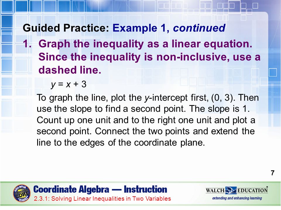 Guided Practice: Example 1, continued 1.Graph the inequality as a linear equation.