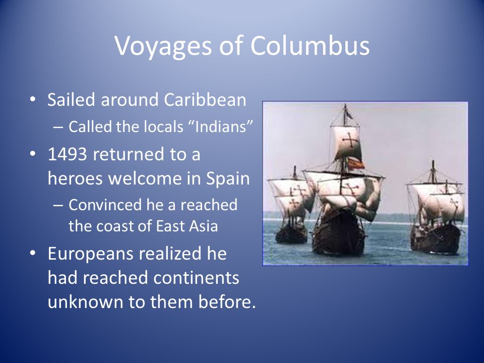 Voyages of Columbus Sailed around Caribbean – Called the locals Indians 1493 returned to a heroes welcome in Spain – Convinced he a reached the coast of East Asia Europeans realized he had reached continents unknown to them before.