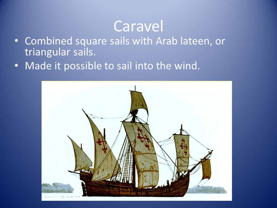 Caravel Combined square sails with Arab lateen, or triangular sails.