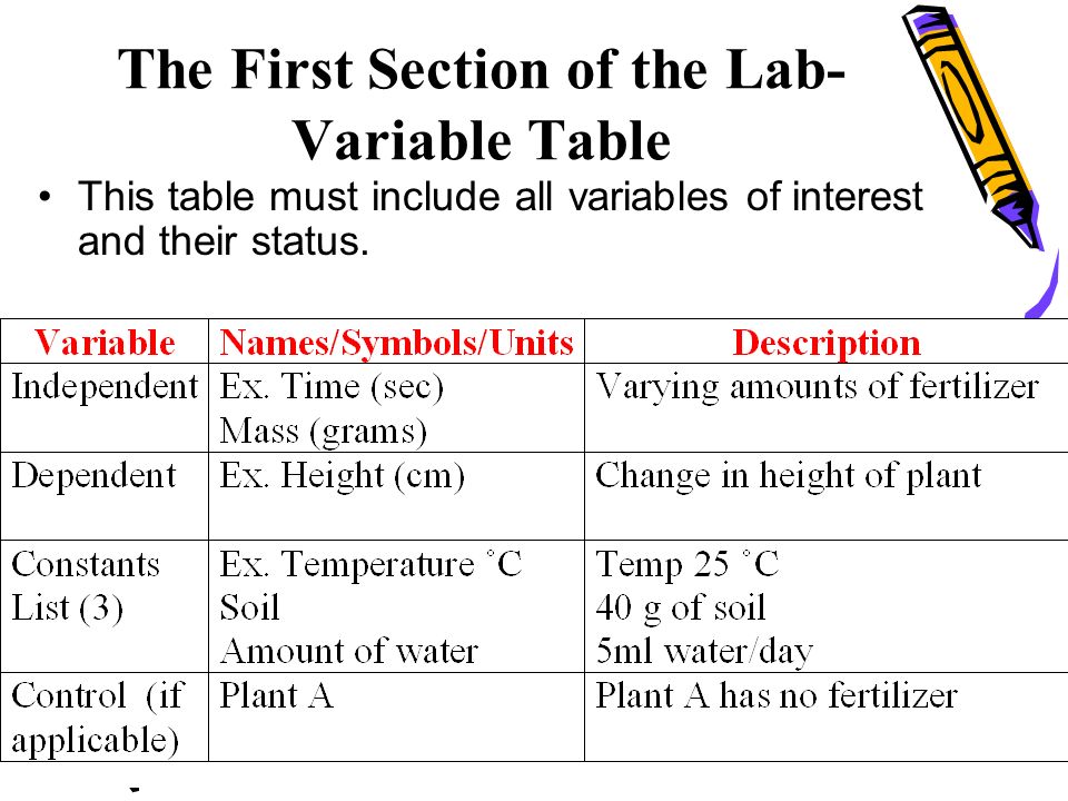 The First Section of the Lab- Variable Table This table must include all variables of interest and their status.