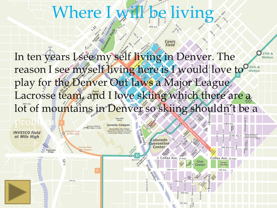 Where I will be living In ten years I see my self living in Denver.