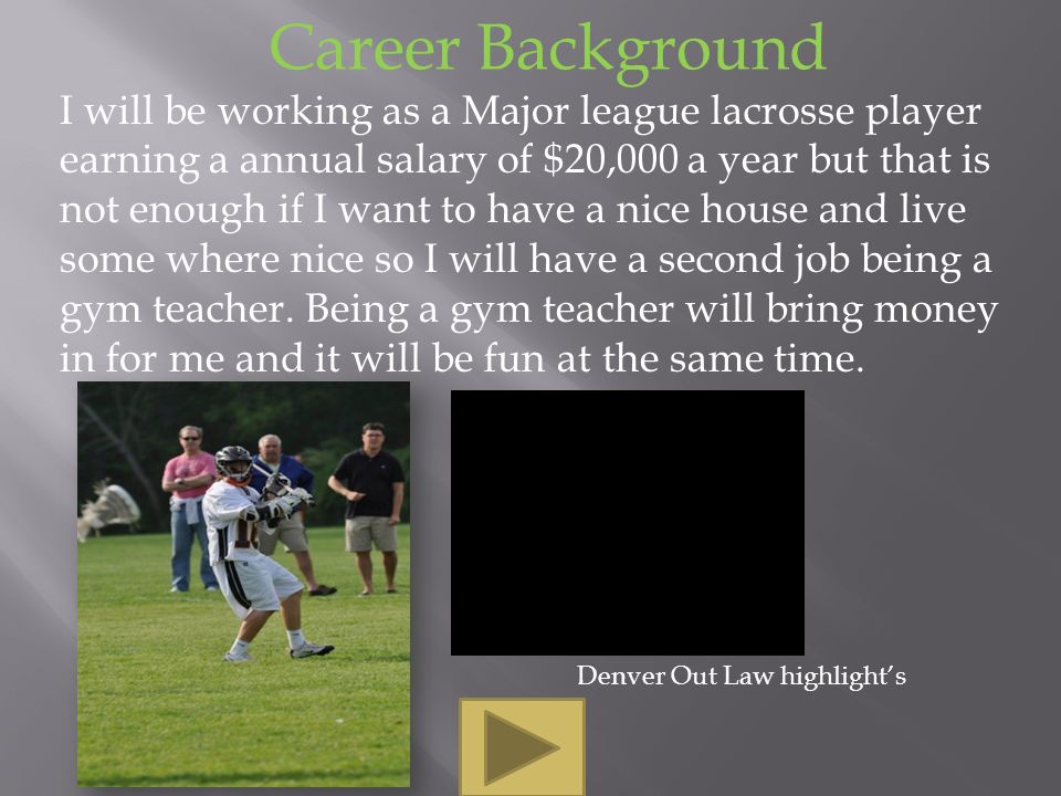 Career Background I will be working as a Major league lacrosse player earning a annual salary of $20,000 a year but that is not enough if I want to have a nice house and live some where nice so I will have a second job being a gym teacher.