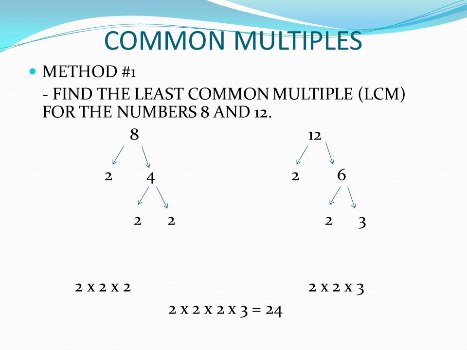 COMMON MULTIPLES METHOD #1 - FIND THE LEAST COMMON MULTIPLE (LCM) FOR THE NUMBERS 8 AND 12.