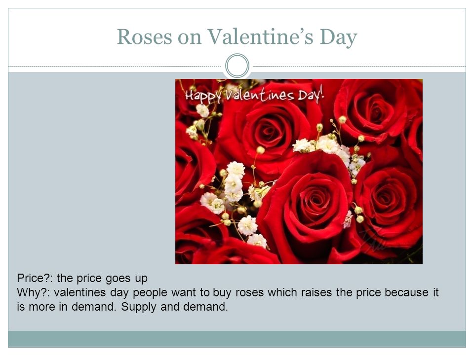 Roses on Valentine’s Day Price : the price goes up Why : valentines day people want to buy roses which raises the price because it is more in demand.