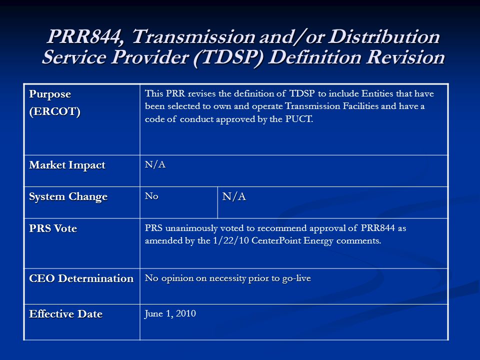 PRR844, Transmission and/or Distribution Service Provider (TDSP) Definition Revision Purpose(ERCOT) This PRR revises the definition of TDSP to include Entities that have been selected to own and operate Transmission Facilities and have a code of conduct approved by the PUCT.