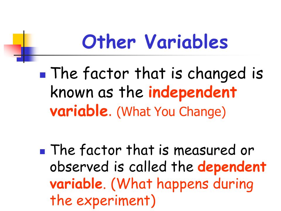 Other Variables The factor that is changed is known as the independent variable.