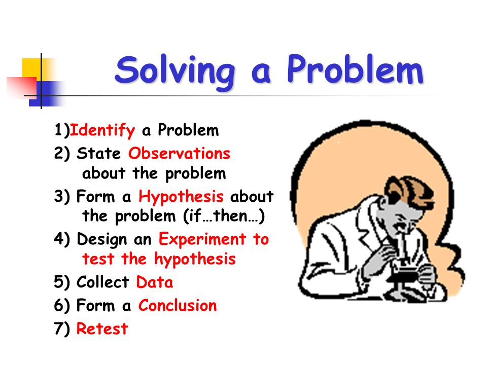 Solving a Problem 1)Identify a Problem 2) State Observations about the problem 3) Form a Hypothesis about the problem (if…then…) 4) Design an Experiment to test the hypothesis 5) Collect Data 6) Form a Conclusion 7) Retest