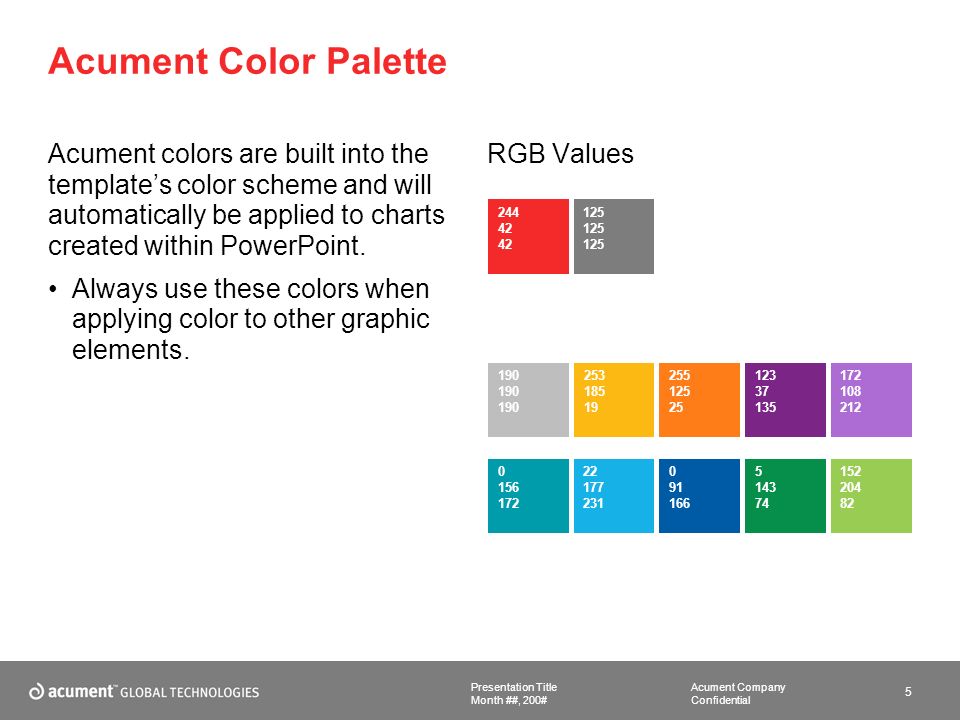 Acument Company Confidential Presentation Title 5 Month ##, 200# Acument Color Palette Acument colors are built into the template’s color scheme and will automatically be applied to charts created within PowerPoint.