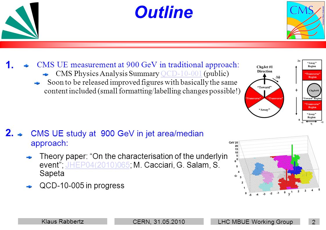 Klaus Rabbertz CERN, LHC MBUE Working Group 2 Outline CMS UE measurement at 900 GeV in traditional approach: CMS Physics Analysis Summary QCD (public)QCD Soon to be released improved figures with basically the same content included (small formatting/labelling changes possible!) CMS UE study at 900 GeV in jet area/median approach: Theory paper: On the characterisation of the underlying event ; JHEP04(2010)065; M.
