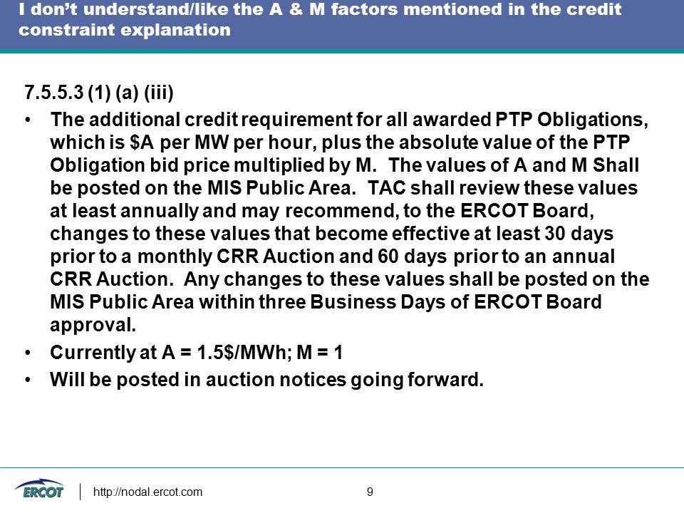 I don’t understand/like the A & M factors mentioned in the credit constraint explanation (1) (a) (iii) The additional credit requirement for all awarded PTP Obligations, which is $A per MW per hour, plus the absolute value of the PTP Obligation bid price multiplied by M.