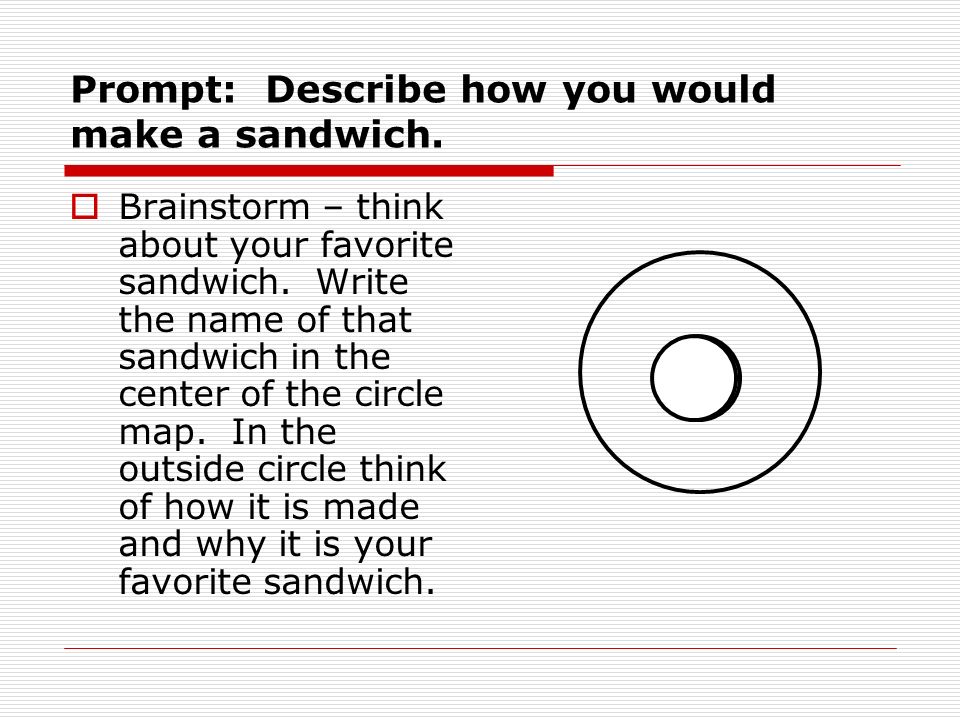 Prompt: Describe how you would make a sandwich.  Brainstorm – think about your favorite sandwich.