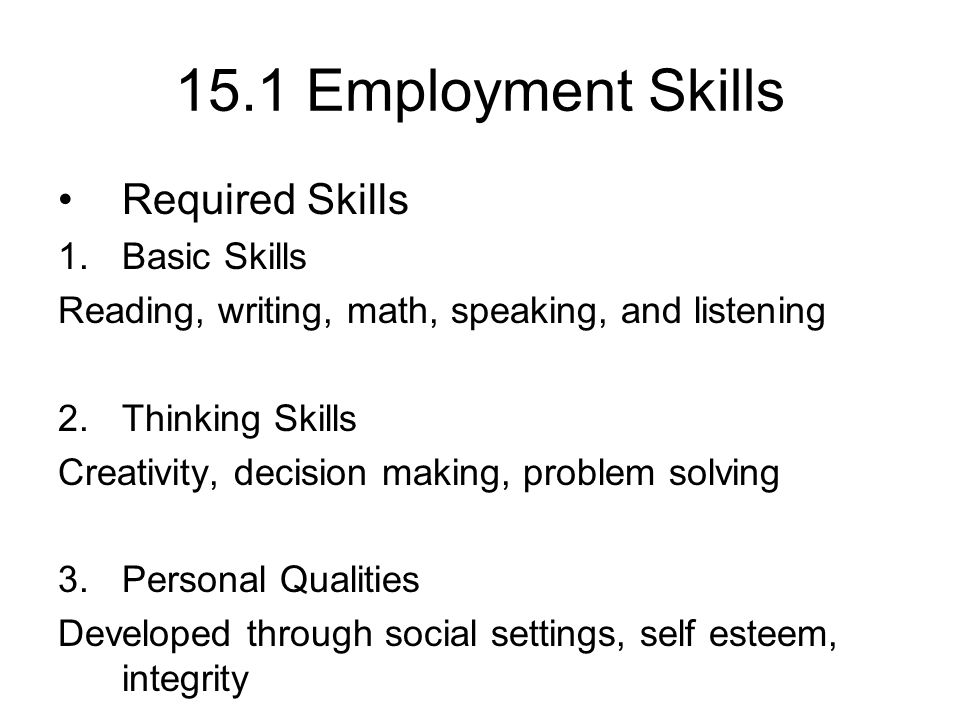 chapter 15 finding a job employment skills required skills 1 basic skills needed for a job
