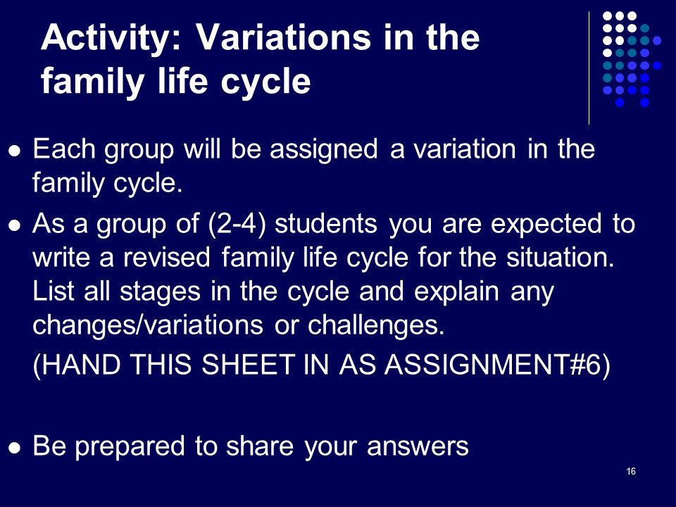 16 Activity: Variations in the family life cycle Each group will be assigned a variation in the family cycle.