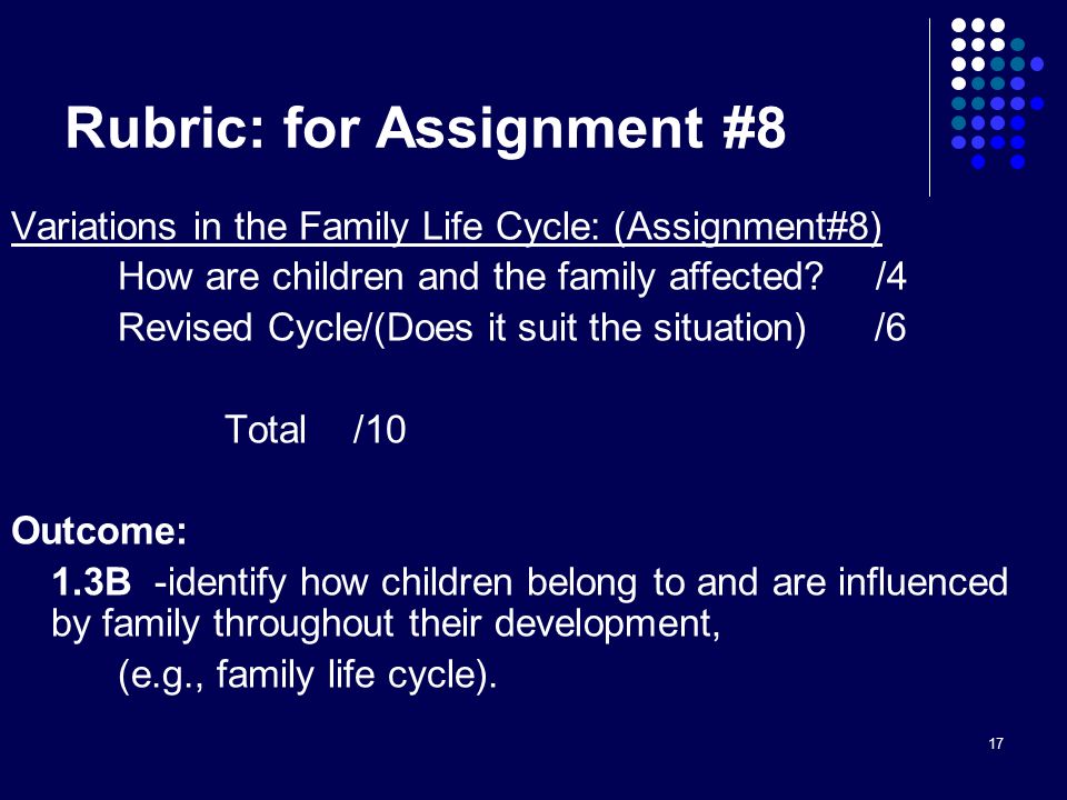 17 Rubric: for Assignment #8 Variations in the Family Life Cycle: (Assignment#8) How are children and the family affected.