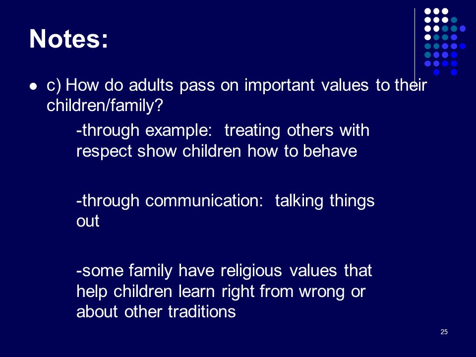 25 Notes: c) How do adults pass on important values to their children/family.