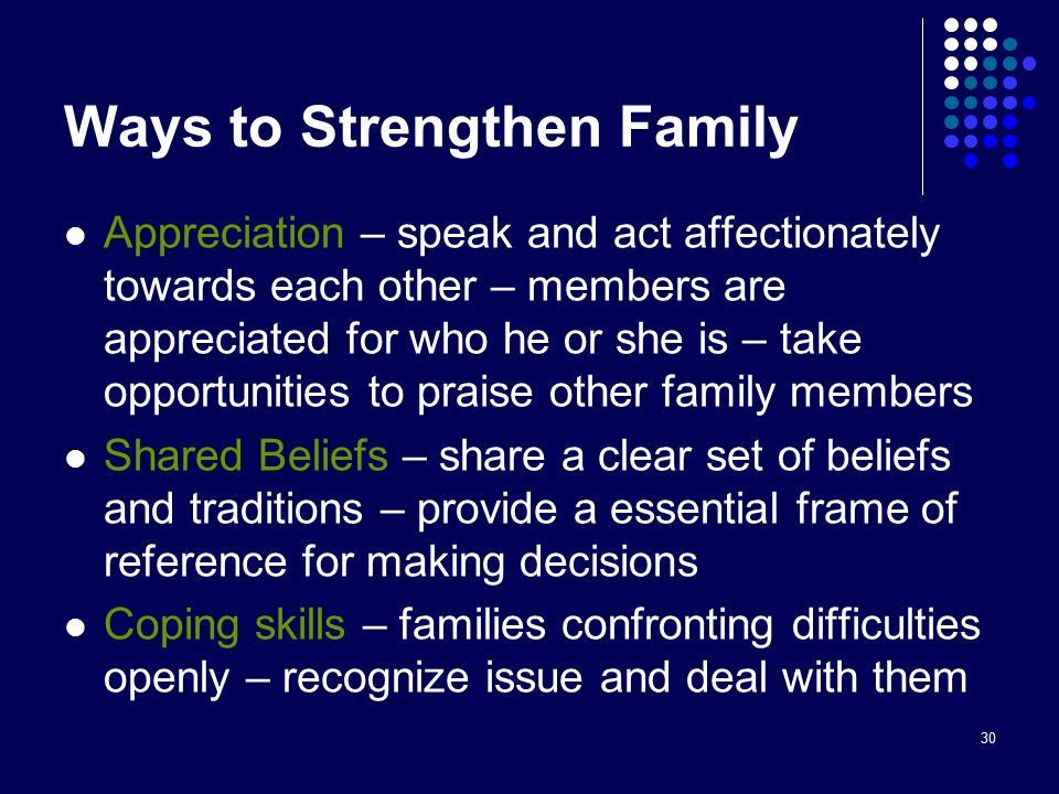 30 Ways to Strengthen Family Appreciation – speak and act affectionately towards each other – members are appreciated for who he or she is – take opportunities to praise other family members Shared Beliefs – share a clear set of beliefs and traditions – provide a essential frame of reference for making decisions Coping skills – families confronting difficulties openly – recognize issue and deal with them