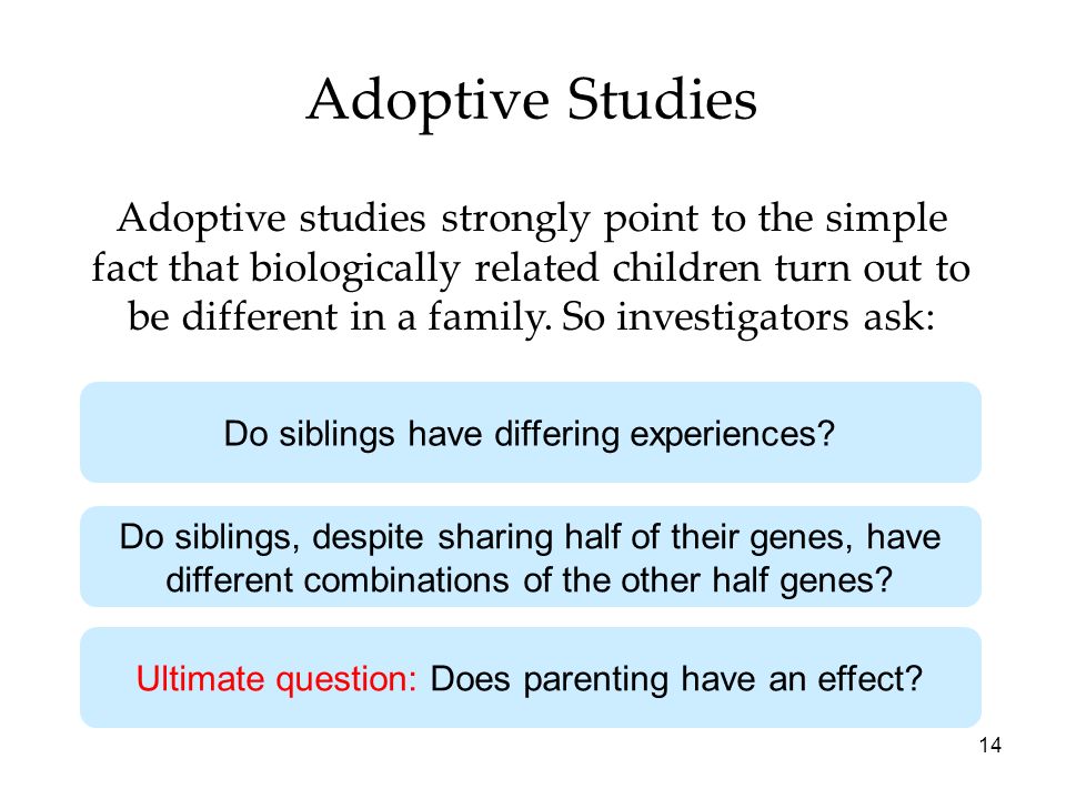 14 Adoptive Studies Adoptive studies strongly point to the simple fact that biologically related children turn out to be different in a family.