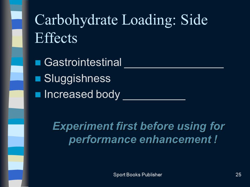 Sport Books Publisher25 Carbohydrate Loading: Side Effects Gastrointestinal ________________ Sluggishness Increased body __________ Experiment first before using for performance enhancement !