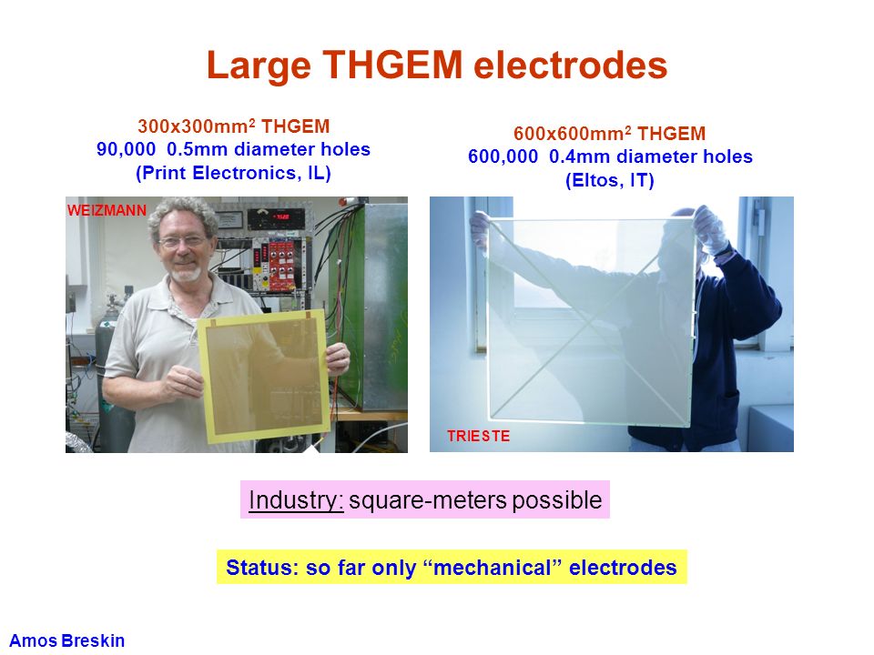 Large THGEM electrodes Industry: square-meters possible 300x300mm 2 THGEM 90, mm diameter holes (Print Electronics, IL) 600x600mm 2 THGEM 600, mm diameter holes (Eltos, IT) Status: so far only mechanical electrodes WEIZMANN TRIESTE