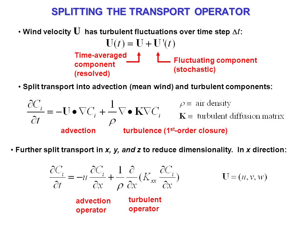 SPLITTING THE TRANSPORT OPERATOR U Wind velocity U has turbulent fluctuations over time step  t : Time-averaged component (resolved) Fluctuating component (stochastic) Further split transport in x, y, and z to reduce dimensionality.