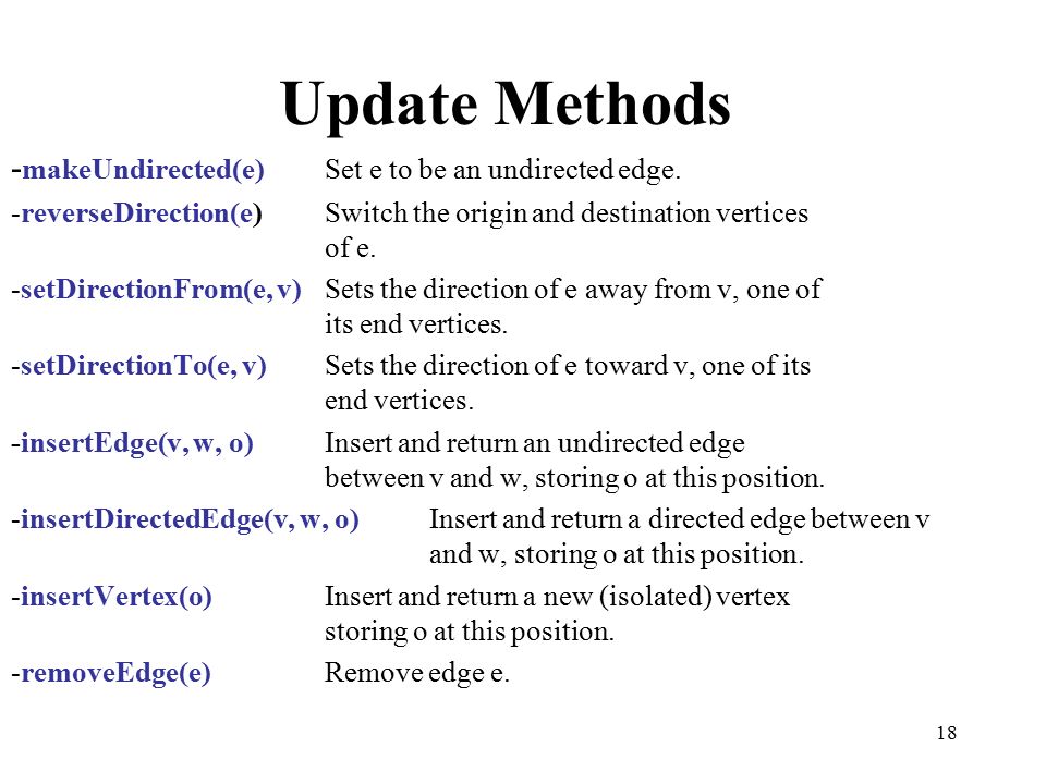 18 Update Methods - makeUndirected(e)Set e to be an undirected edge.