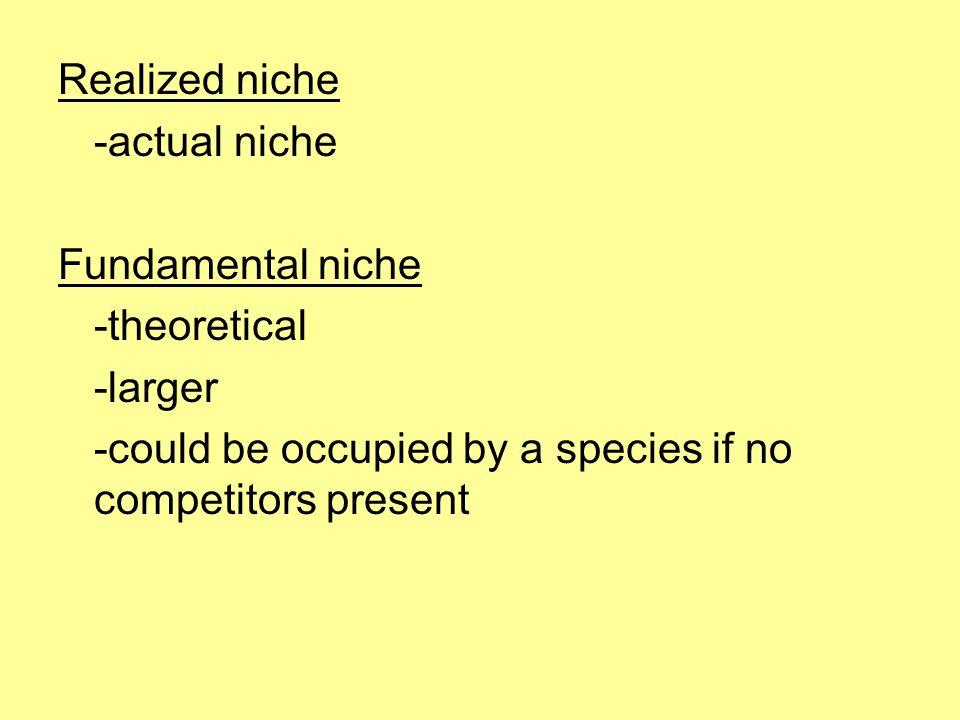 Realized niche -actual niche Fundamental niche -theoretical -larger -could be occupied by a species if no competitors present