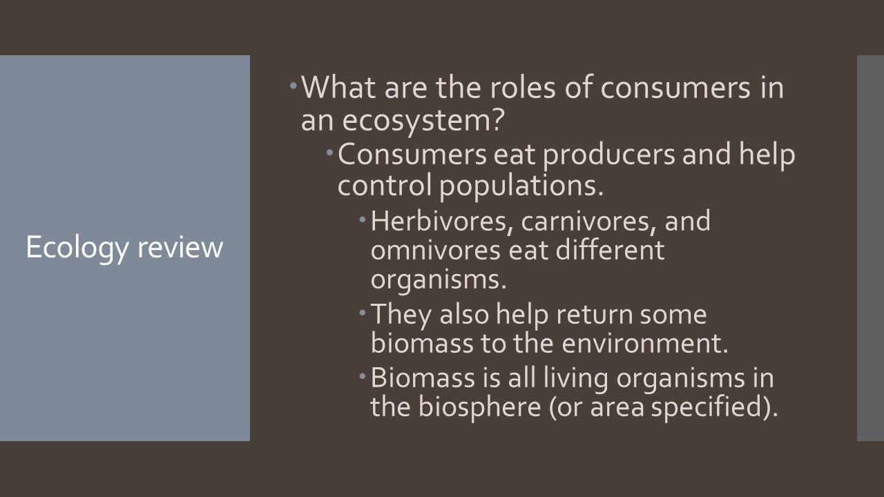 Ecology review  What are the roles of consumers in an ecosystem.