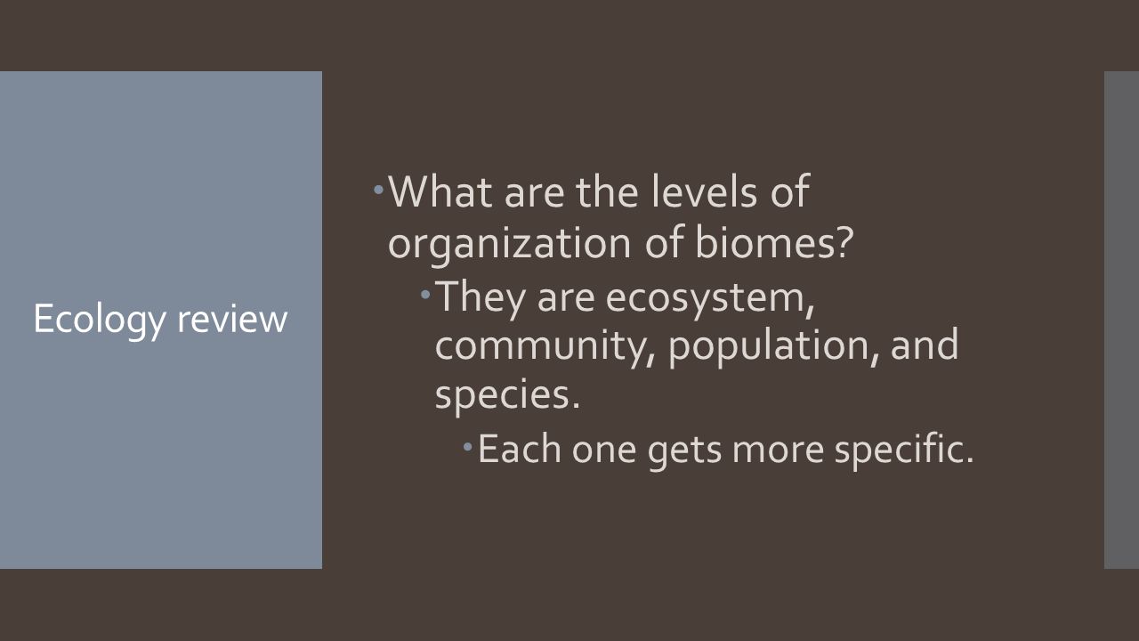 Ecology review  What are the levels of organization of biomes.