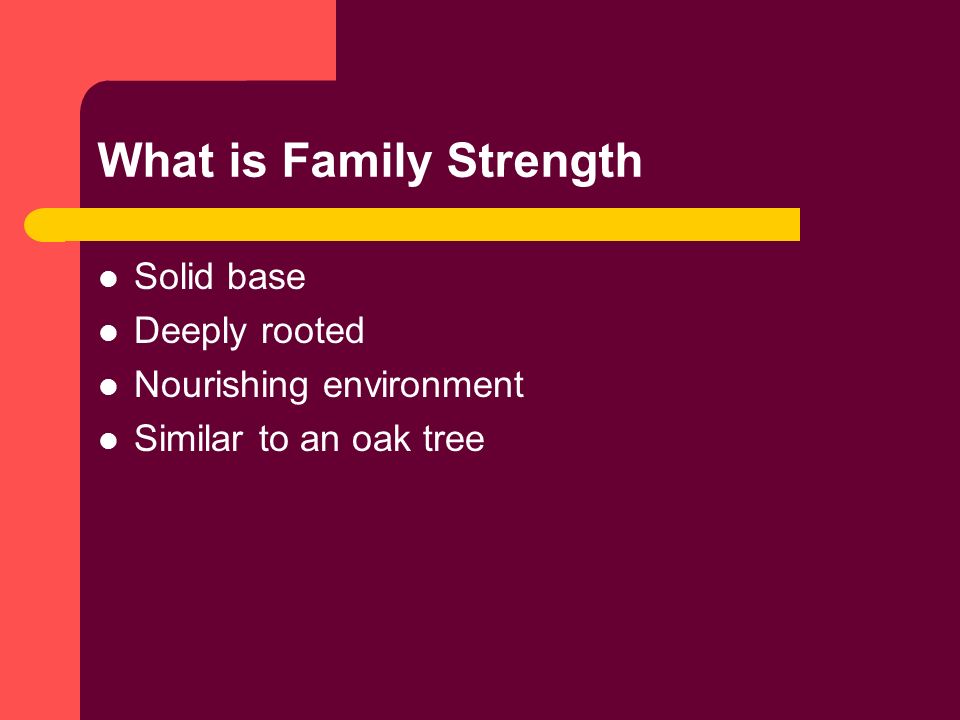 What is Family Strength Solid base Deeply rooted Nourishing environment Similar to an oak tree
