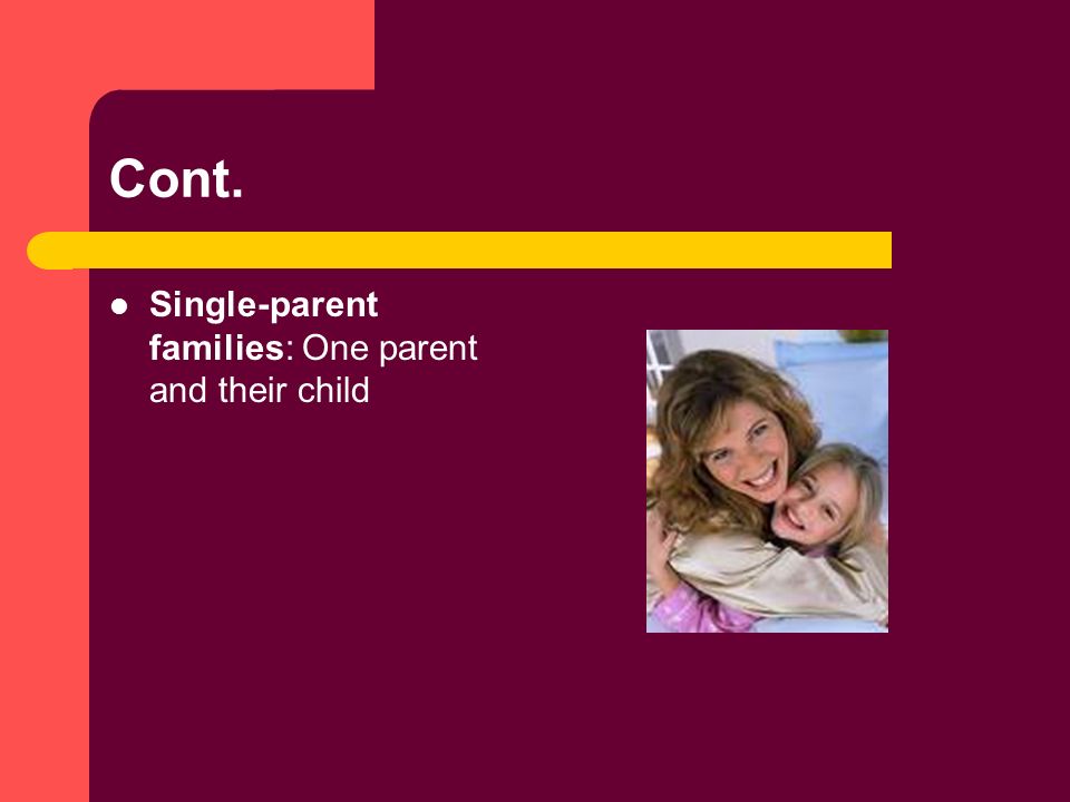 Cont. Single-parent families: One parent and their child