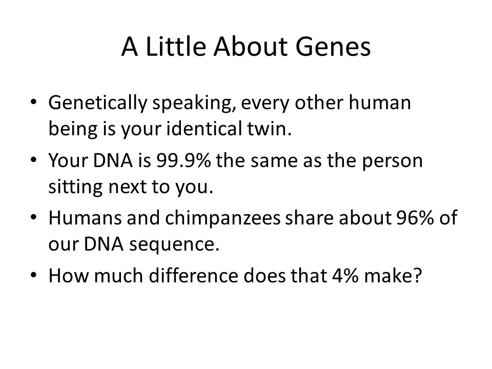 A Little About Genes Genetically speaking, every other human being is your identical twin.
