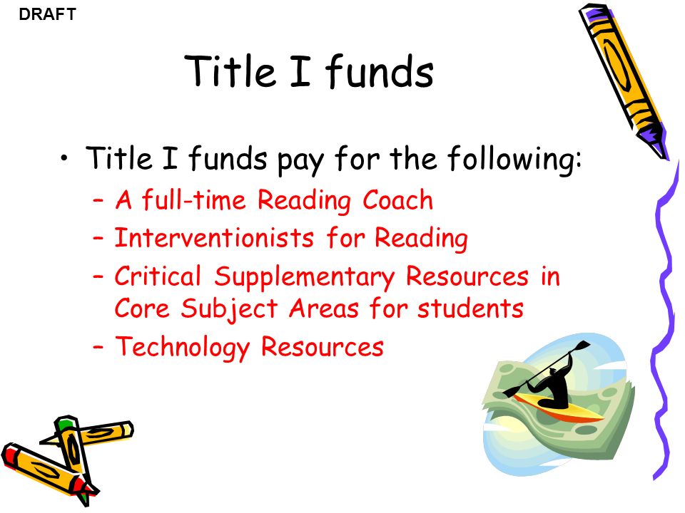 DRAFT Title I funds Title I funds pay for the following: –A full-time Reading Coach –Interventionists for Reading –Critical Supplementary Resources in Core Subject Areas for students –Technology Resources