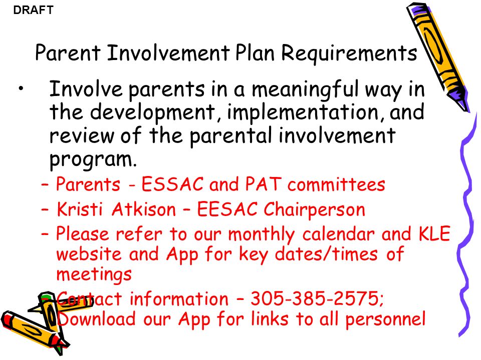 DRAFT Parent Involvement Plan Requirements Involve parents in a meaningful way in the development, implementation, and review of the parental involvement program.