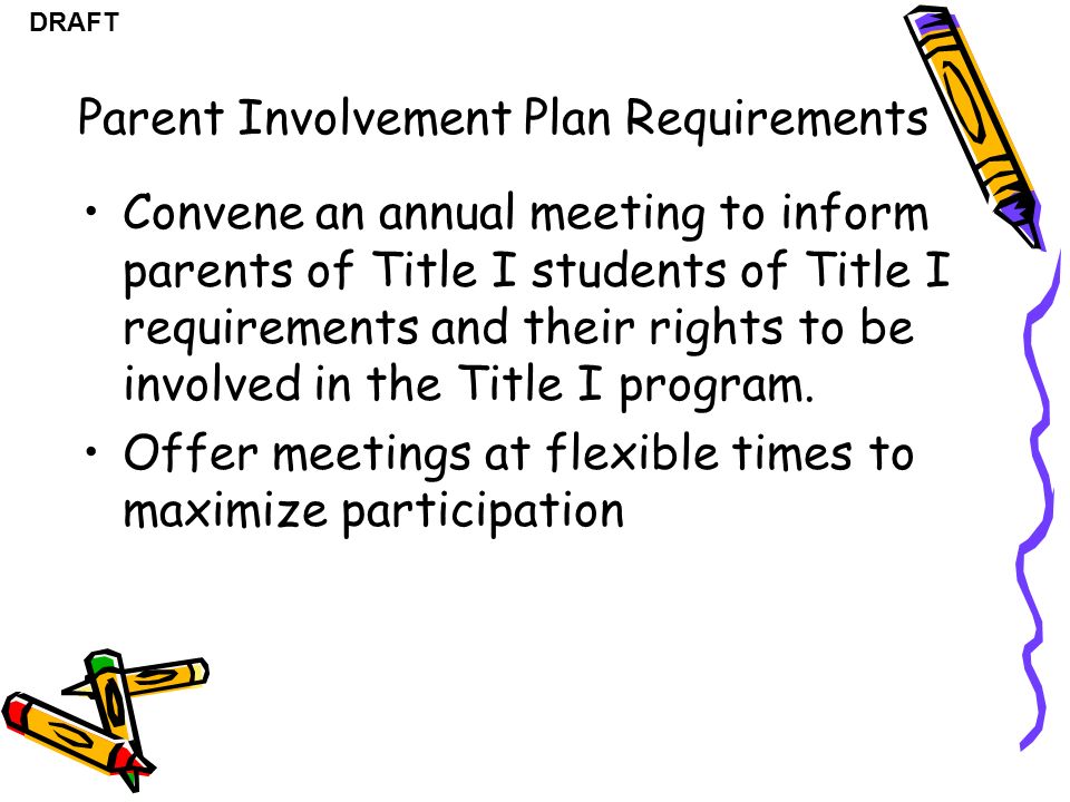 DRAFT Convene an annual meeting to inform parents of Title I students of Title I requirements and their rights to be involved in the Title I program.