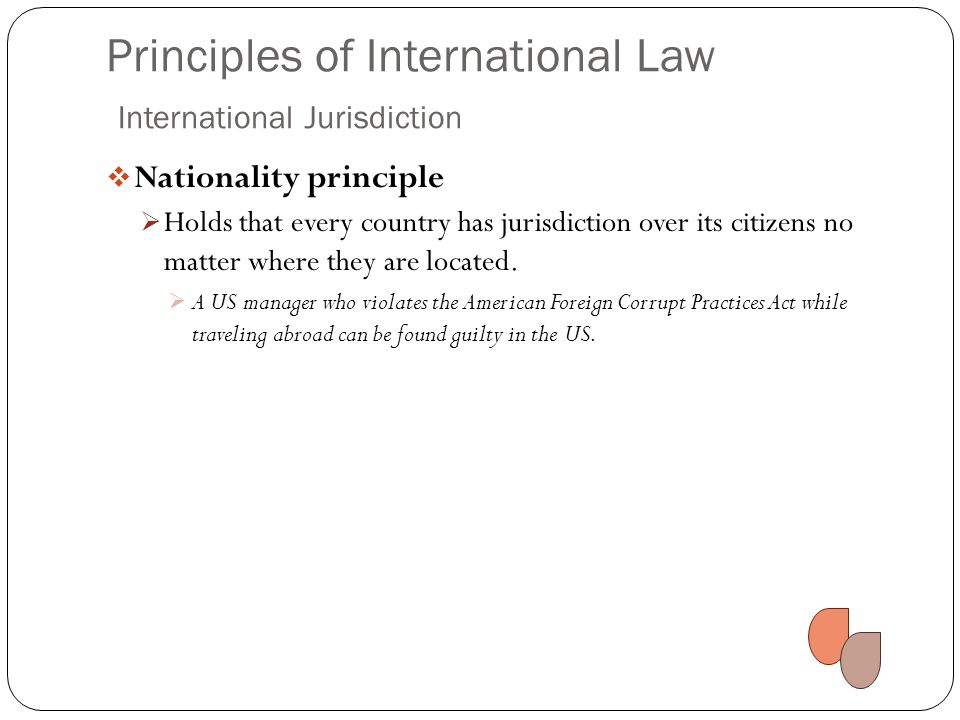 Principles of International Law International Jurisdiction  Nationality principle  Holds that every country has jurisdiction over its citizens no matter where they are located.