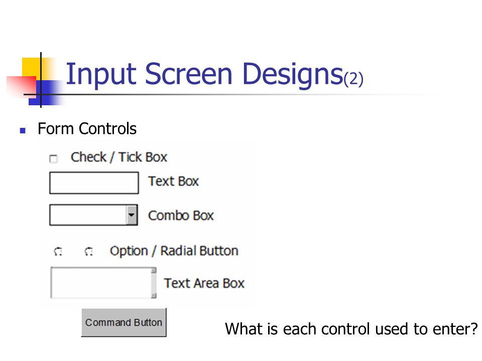 Input Screen Designs (2) Form Controls What is each control used to enter