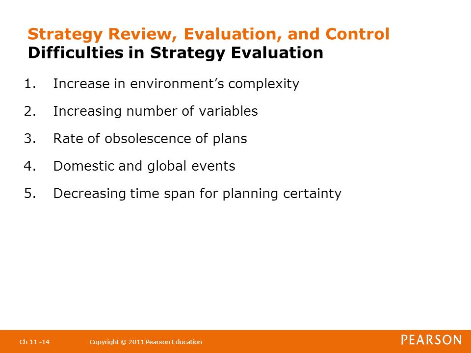 Strategy Review, Evaluation, and Control Difficulties in Strategy Evaluation 1.Increase in environment’s complexity 2.Increasing number of variables 3.Rate of obsolescence of plans 4.Domestic and global events 5.Decreasing time span for planning certainty Ch Copyright © 2011 Pearson Education