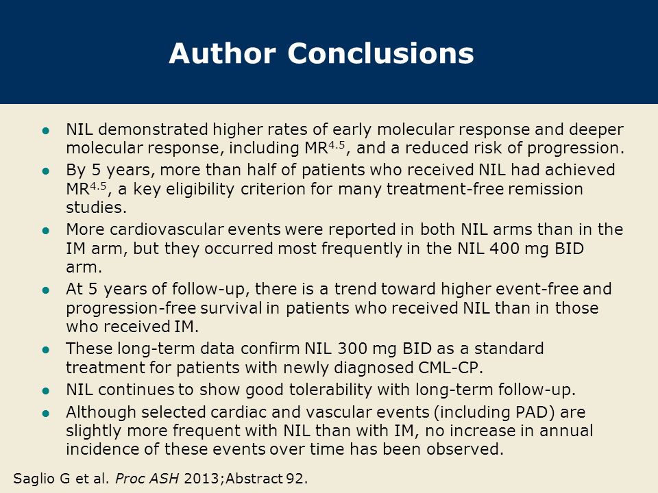 Author Conclusions NIL demonstrated higher rates of early molecular response and deeper molecular response, including MR 4.5, and a reduced risk of progression.