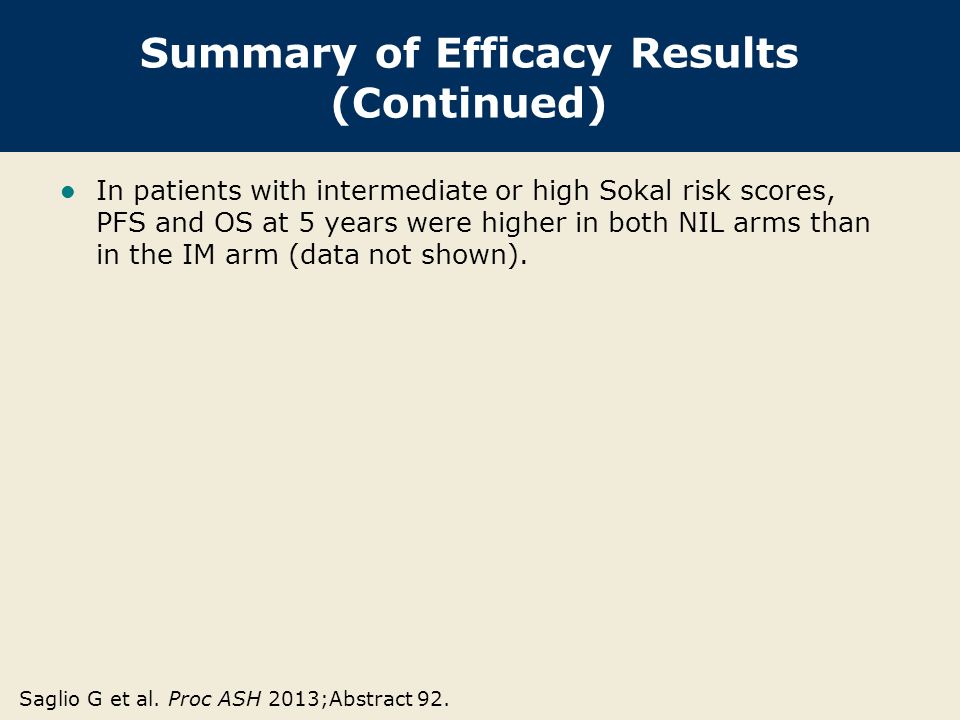 Summary of Efficacy Results (Continued) In patients with intermediate or high Sokal risk scores, PFS and OS at 5 years were higher in both NIL arms than in the IM arm (data not shown).