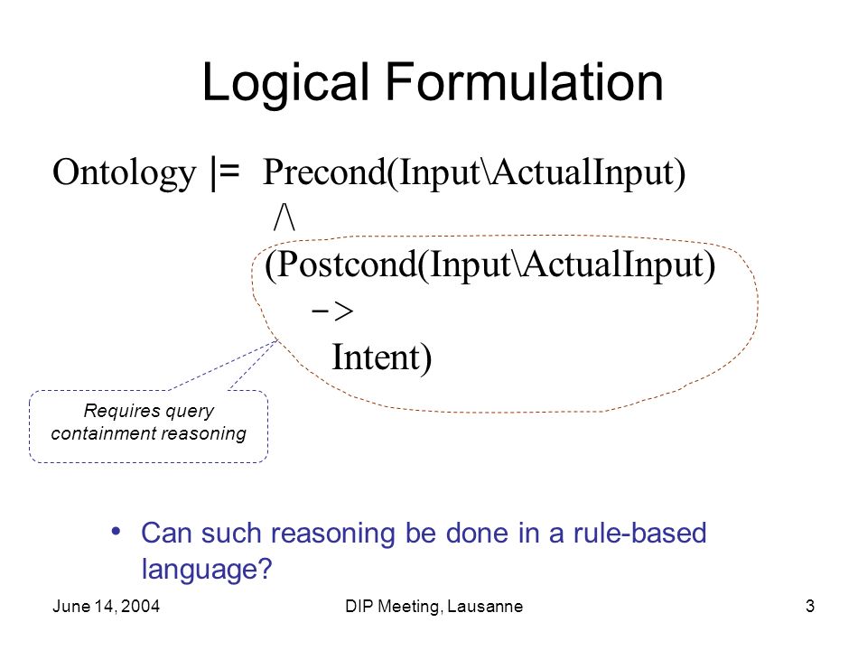 June 14, 2004DIP Meeting, Lausanne3 Logical Formulation Ontology |= Precond(Input\ActualInput) /\ (Postcond(Input\ActualInput) -> Intent) Requires query containment reasoning Can such reasoning be done in a rule-based language