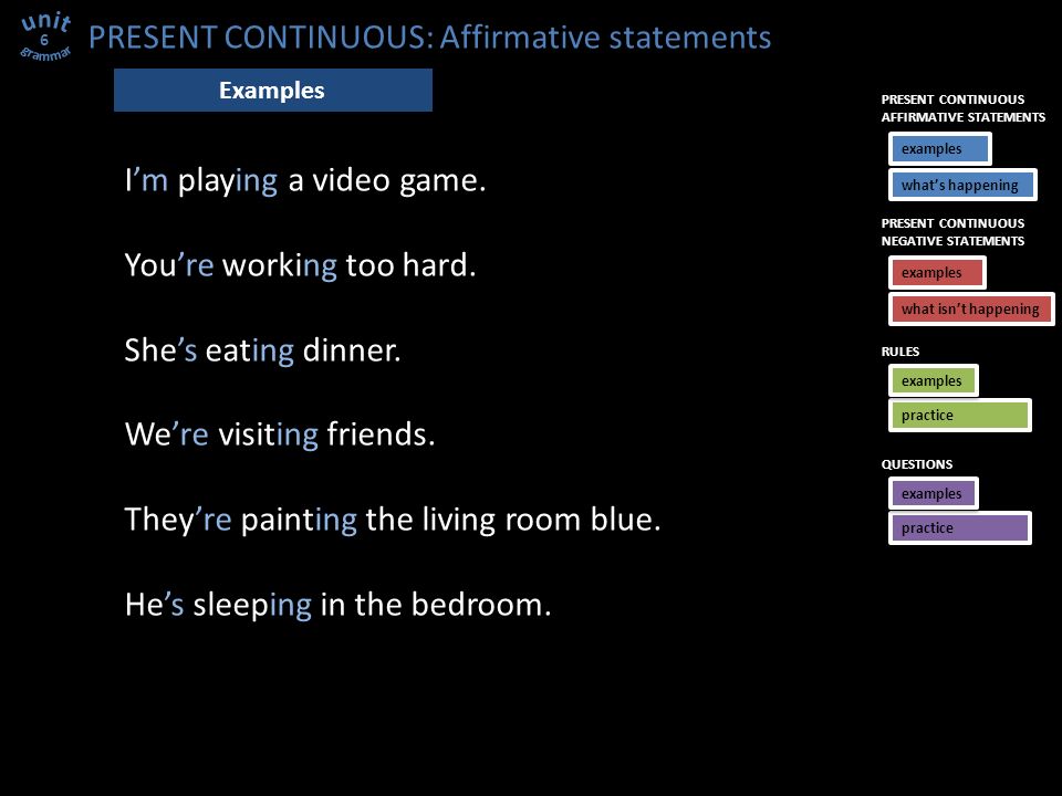 PRESENT CONTINUOUS: Affirmative statements I’m playing a video game.